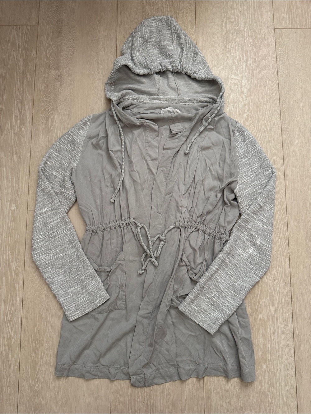 Jack by BB Dakota Light Gray Hooded Utility Jacket with Knit Sleeves